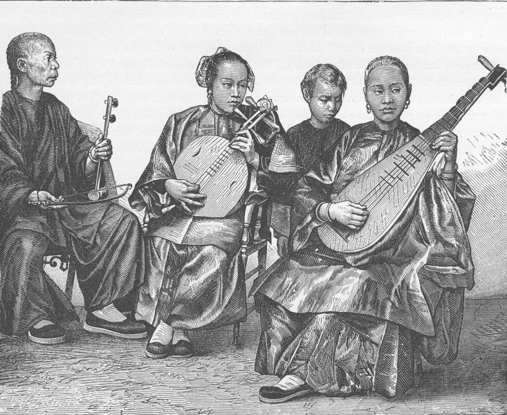 CHINA. Chinese itinerant musicians 1892 old antique vintage print picture