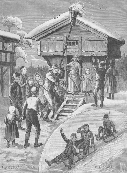 SWEDISH WINTER CUSTOMS.Leaving corn for the wild birds.Boys Toboganning 1894