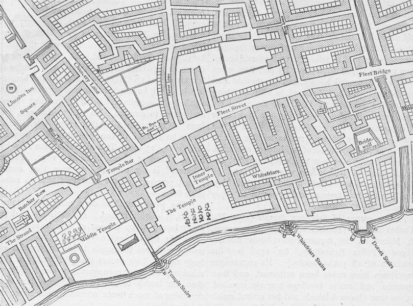 Associate Product FLEET STREET. Fleet Street, the Temple, &c from a 1720 map. London c1880