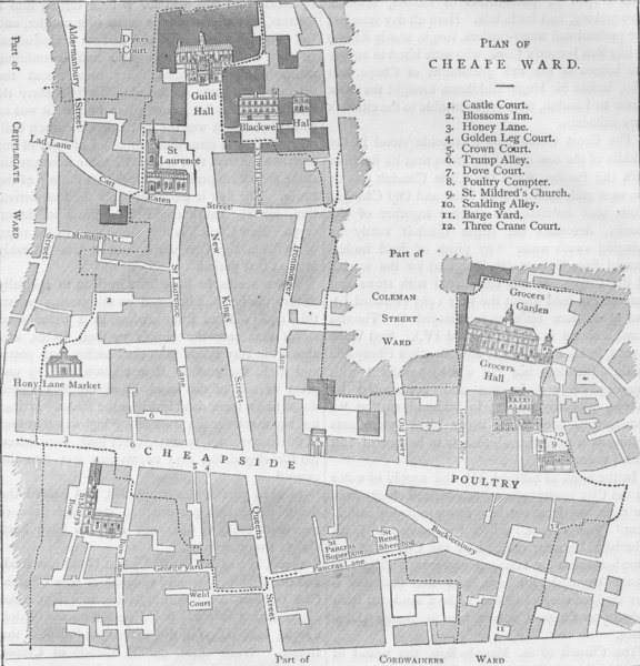 Associate Product CHEAPSIDE. Old map of the Ward of Cheap, about 1750. London c1880