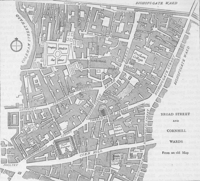 Associate Product SAXON LONDON. Broad Street and Cornhill wards in 1750 c1880 old antique map