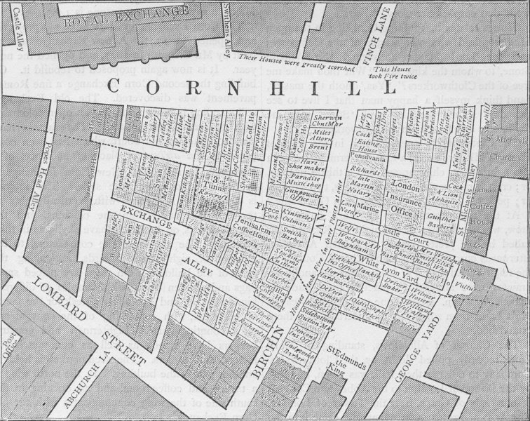 Associate Product CORNHILL. Plan showing the extent of the Great Fire in 1748. London c1880 map