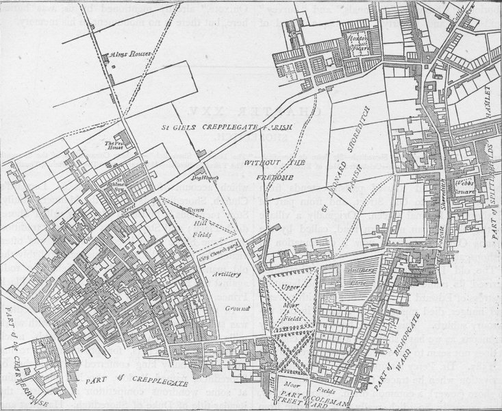Associate Product CITY OF LONDON. Moorfields & neighbourhood (from a 1720 map) c1880 old