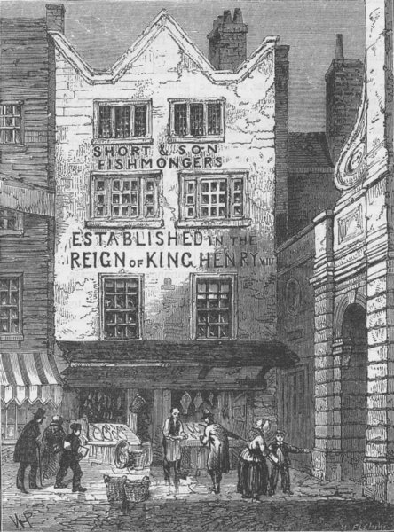 Associate Product THE LAW COURTS. The old fish shop by Temple Bar, 1846. London c1880 print