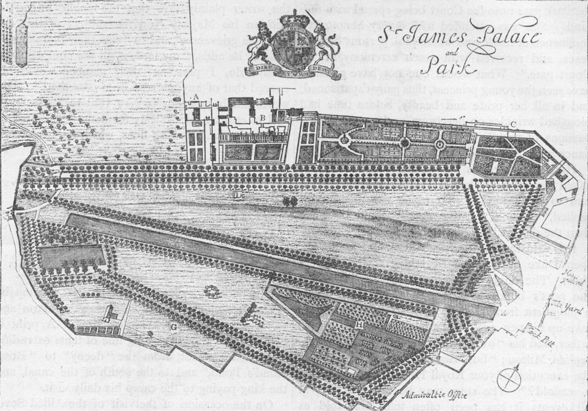 Associate Product ST.JAMES'S PARK & PALACE. 17th century plan, after Knyff. London c1880 print