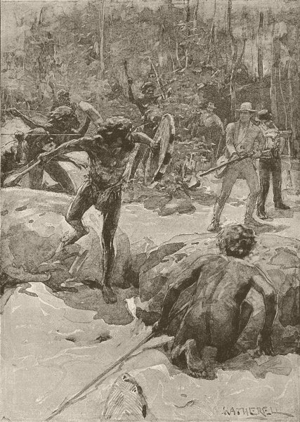 AUSTRALIA. Attack on Capt Grey's party, Aborigines 1890 old antique print