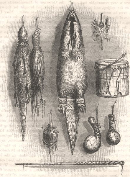Associate Product Indian. medicine bag, mystery whistle, rattle, drum c1880 old antique print