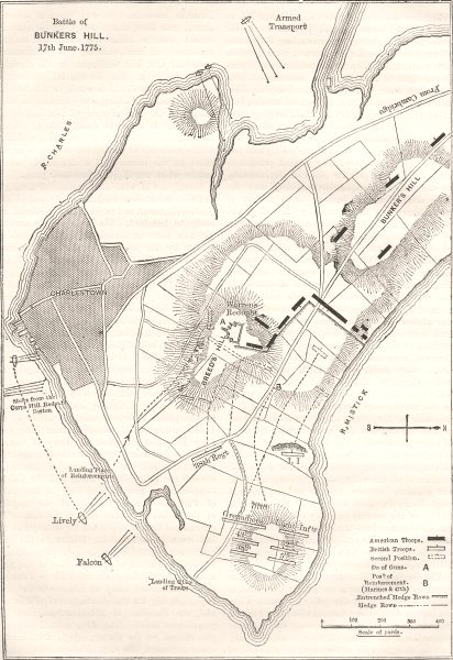 BOSTON. Bunker Hill battle plan; troop position c1880 old antique map chart