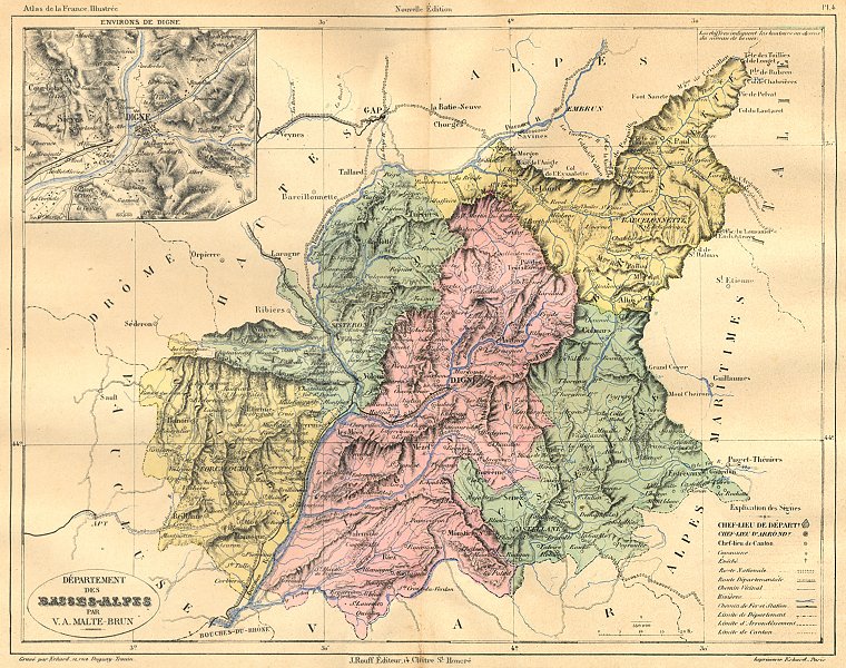 DIGNE. Departement Basses-; area 1881 old antique vintage map plan chart