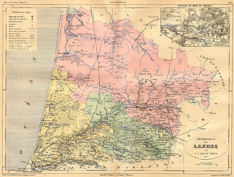 LANDES. Departement; area de Mont-Marsan 1881 old antique map plan chart