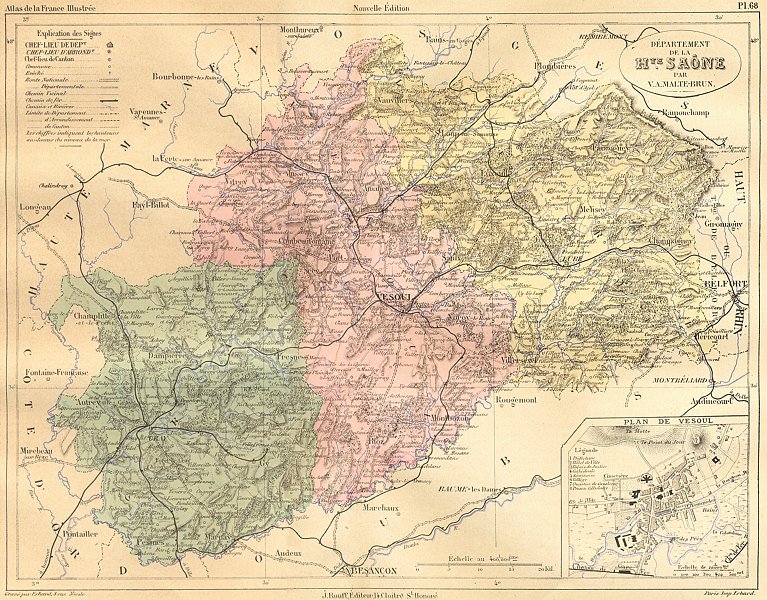 Hte-SAÔNE. Hte Saone; Vesoul 1883 old antique vintage map plan chart