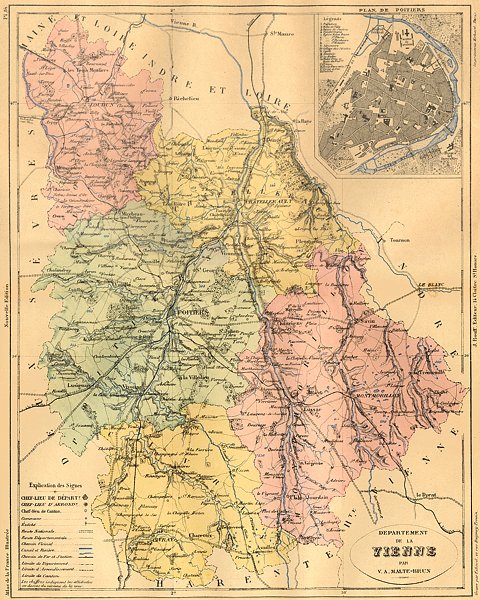 VIENNE. Departement de; plan Poitiers 1884 old antique vintage map chart