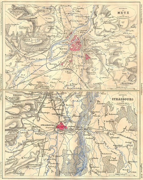 MOSELLE. Area de Metz; Strasbourg 1884 old antique vintage map plan chart