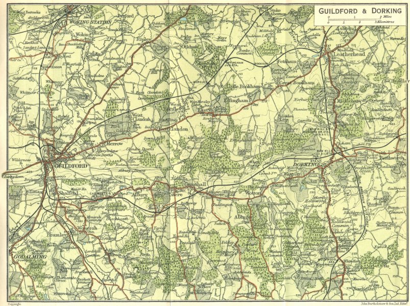 Associate Product SURREY. Guildford & Dorking Town Plan 1924 old vintage map chart