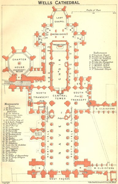 Associate Product SOMT. Wells cathedral 1924 old vintage map plan chart