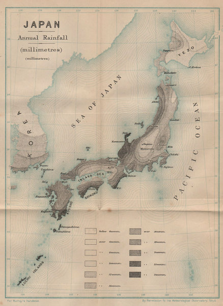 JAPAN. Annual Rainfall(Millimetres) 1907 old antique vintage map plan chart