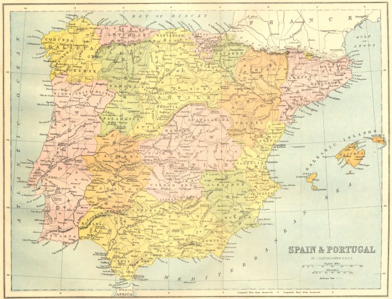 SPAIN. & Portugal 1871 old antique vintage map plan chart