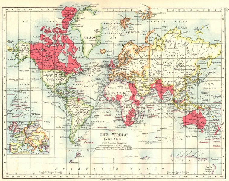 Associate Product BRITISH EMPIRE. World Mercator. Currents. Steamship routes. JOHNSTON 1899 map