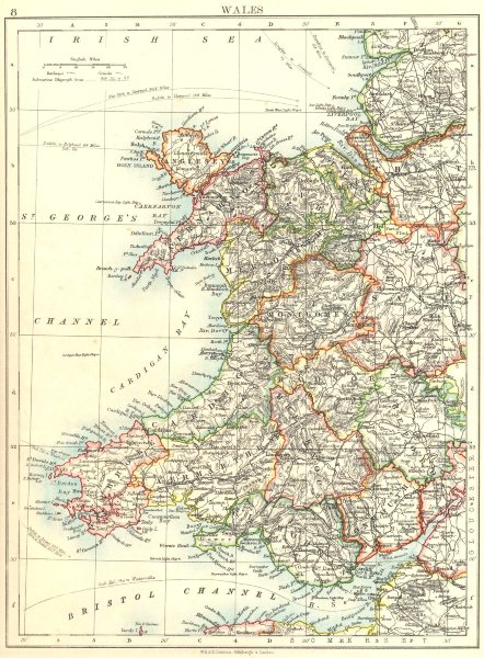 Associate Product WALES. Showing counties. Telegraph cables. JOHNSTON 1899 old antique map chart
