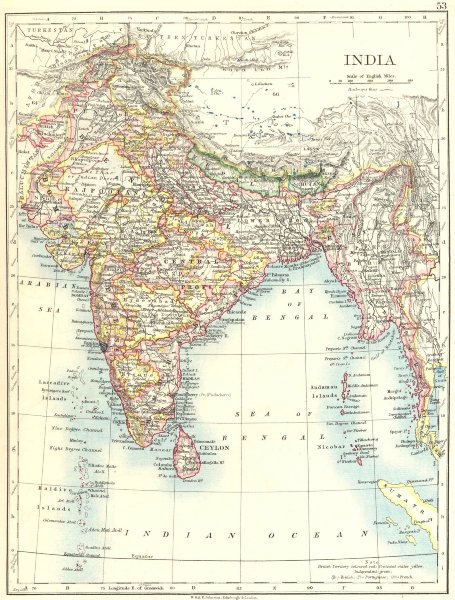 Associate Product BRITISH INDIA. Showing states. Burma Nepal Bhutan Ceylon. JOHNSTON 1899 map