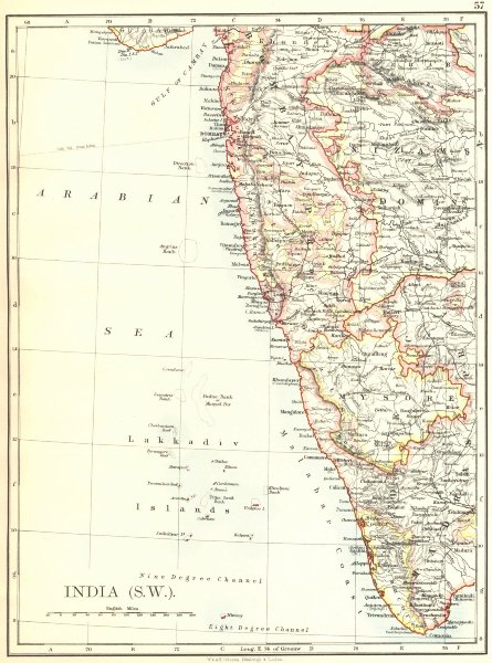 Associate Product BRITISH INDIA SW.Bombay Mysore Malabar Coast Lakkadives. JOHNSTON 1899 old map