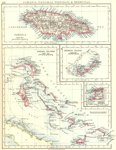 CARIBBEAN/ATLANTIC ISLANDS.Jamaica Bermuda Bahamas Trinidad. JOHNSTON 1899 map
