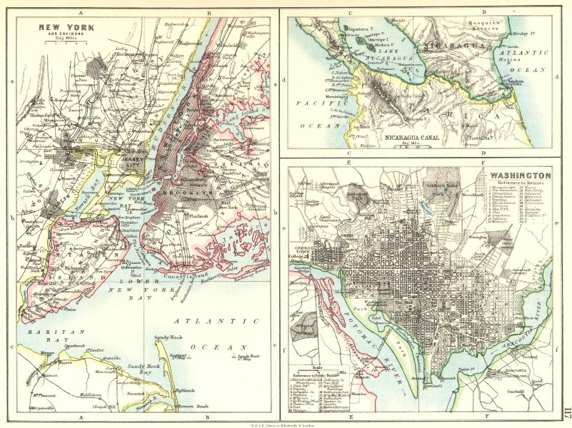 Associate Product US CITIES/NICARAGUA CANAL.New York & Washington plans. JOHNSTON 1899 old map