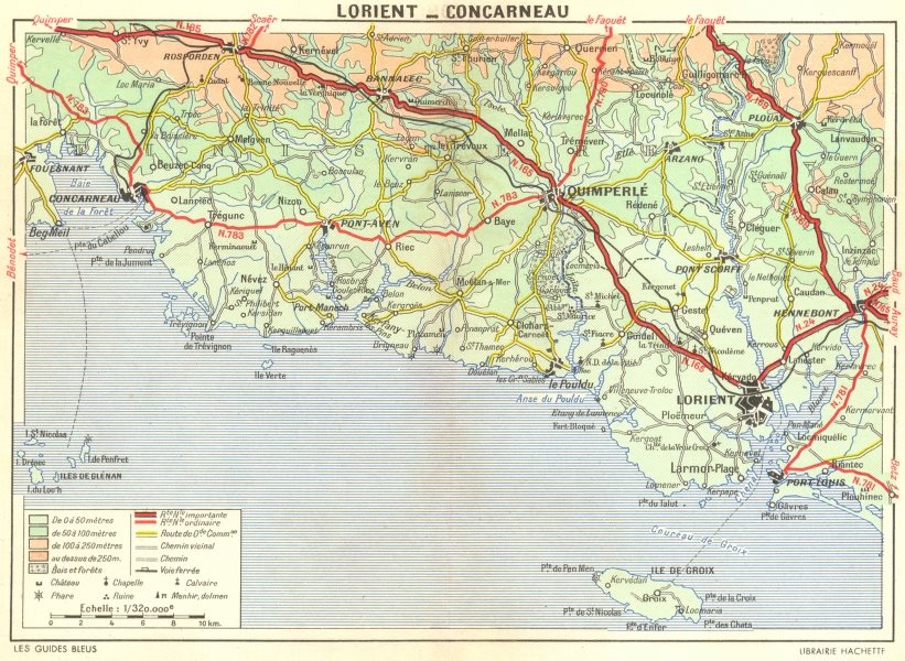 LORIENT. De Quimperle a Quimper. Concarneau 1948 old vintage map plan chart