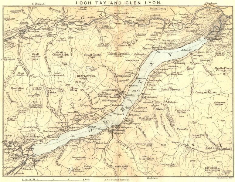SCOTLAND. Loch Tay & Glen Lyon. Killin. 1887 old antique map plan chart