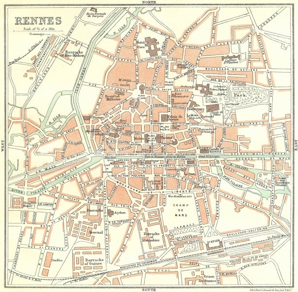 ILLE-VILAINE. Rennes 1923 old vintage map plan chart