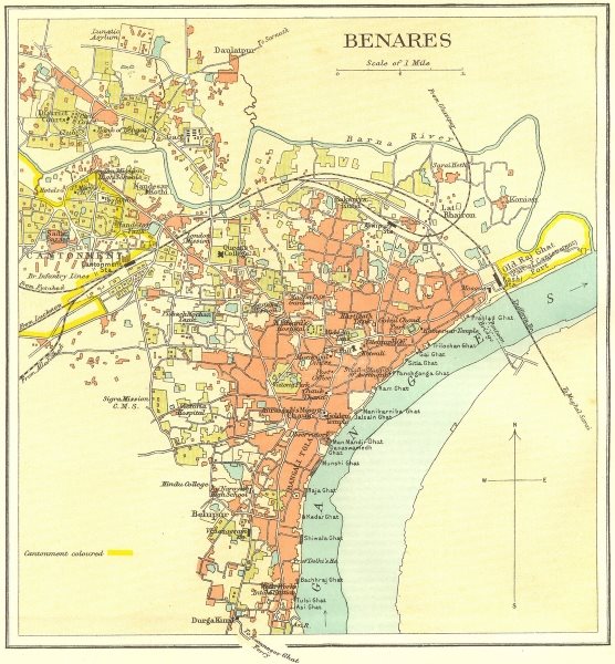 Associate Product BRITISH INDIA. Benares (Varanasi)  city plan.Ganges temples cantonment 1924 map