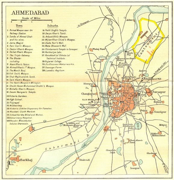 INDIA. Ahmedabad city plan. Palaces mosques temples tombs. Gujarat 1924 map