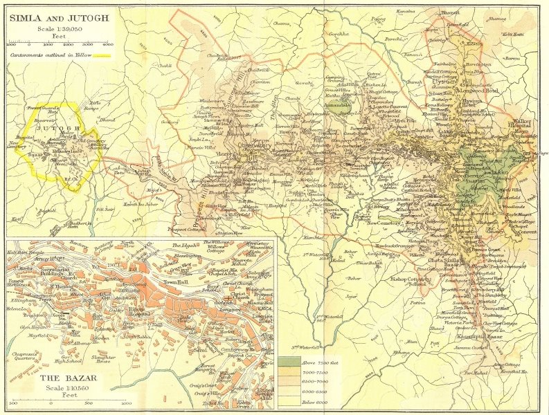 BRITISH INDIA. Simla (Shimla) & Jutogh cantonment; inset Lakkar Bazaar 1924 map