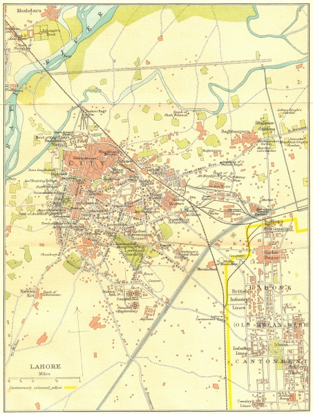 PAKISTAN. Lahore city plan showing the Old Meean Meer Cantonment 1924 map