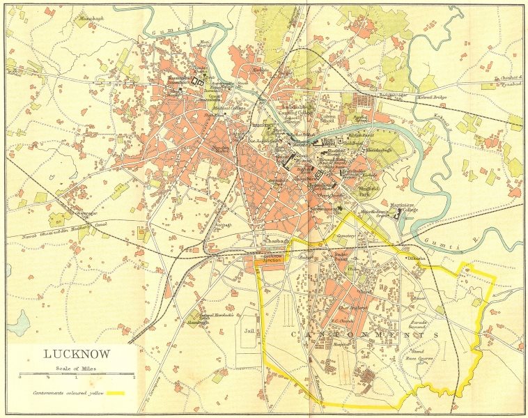 BRITISH INDIA. Lucknow city plan showing cantonment 1924 old vintage map chart