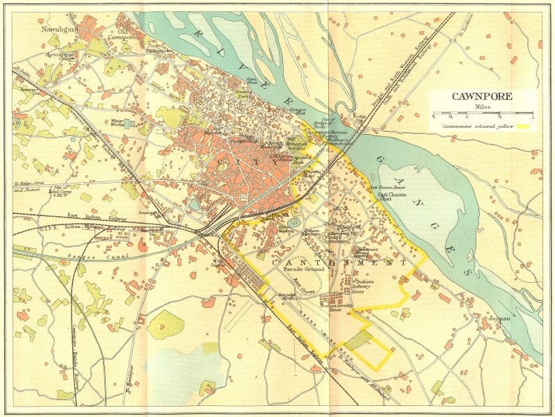 BRITISH INDIA. Cawnpore (Kanpur) city plan showing cantonment 1924 old map