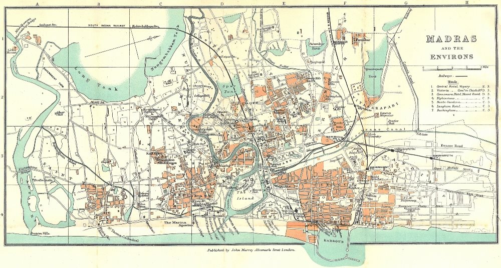 BRITISH INDIA. Madras (Chennai) & environs city plan. Showing hotels. 1924 map