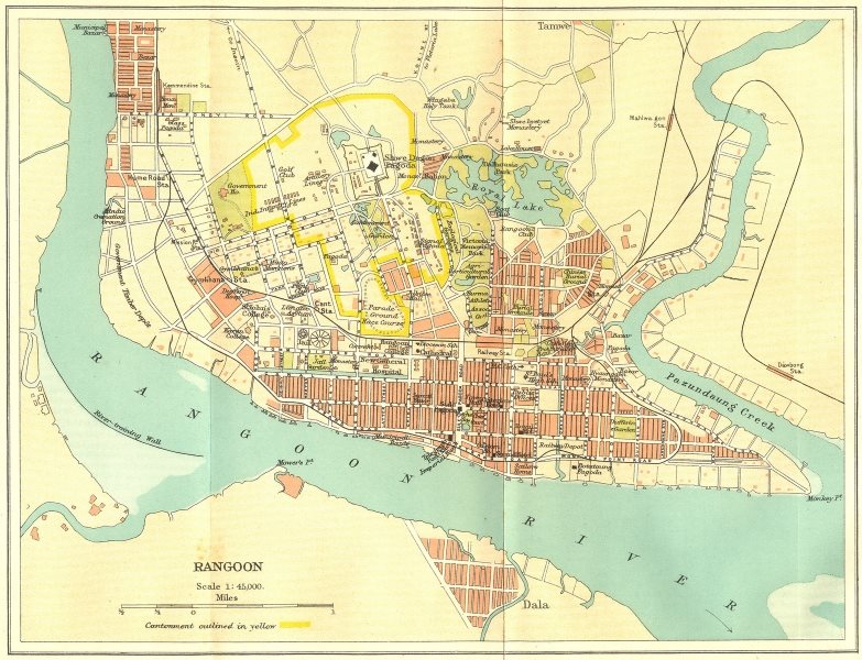 BRITISH BURMA. Rangoon (Yangon) city plan. Myanmar. Cantonment 1924 old map