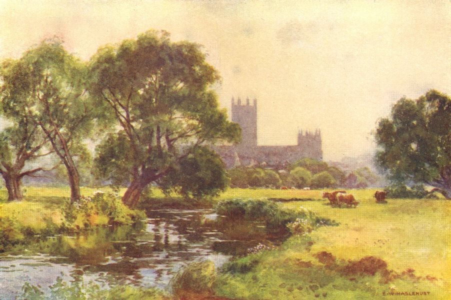 Canterbury from the Stour, Canterbury Cathedral. Kent. By Ernest Haslehust 1920