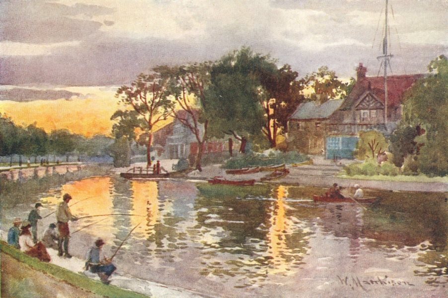 Associate Product CAMBRIDGE. University Boat-houses, Cam-Sunset 1907 old antique print picture