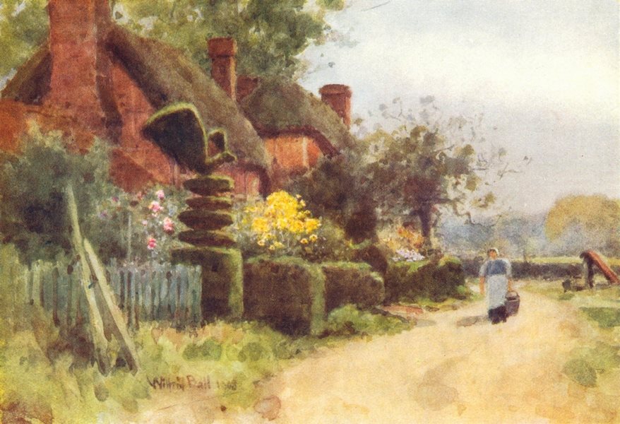 OLD BASING. Clipped Yew. Thatched cottages. Topiary.. HAMPSHIRE 1909 print