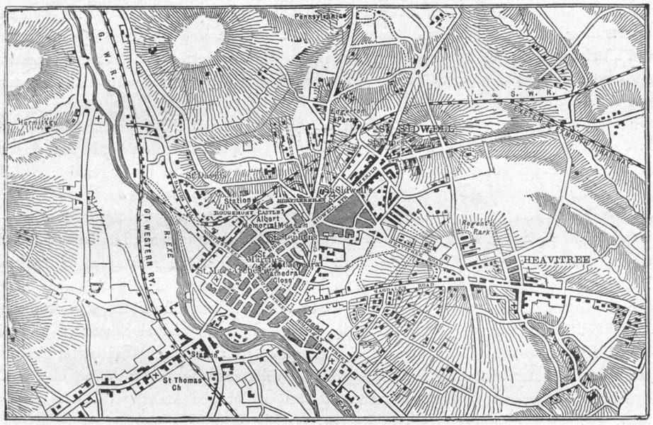 DEVON. Exeter, sketch map 1898 old antique vintage plan chart