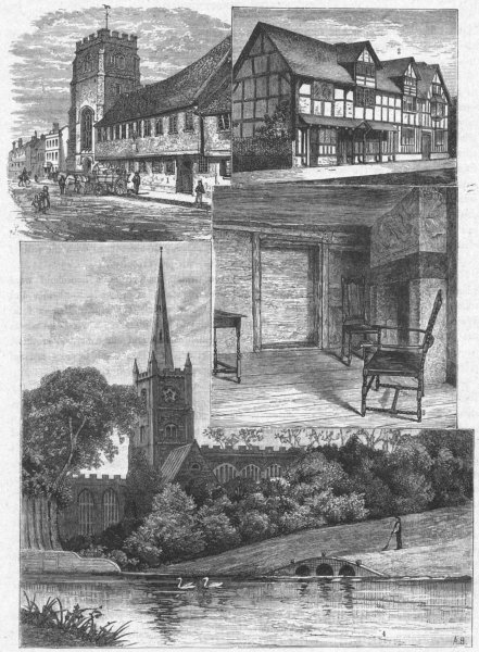 Associate Product STRATFORD. School; Shakespeare's birthplace; Church 1898 old antique print