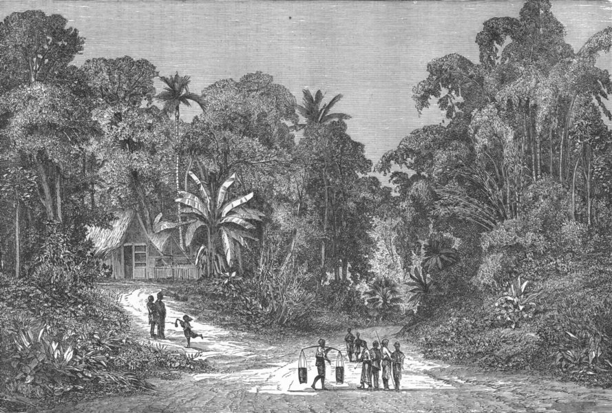 MALAYSIA. Borneo. Area of a village in 1880 old antique vintage print picture
