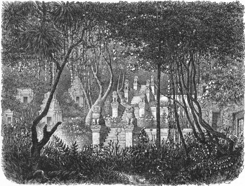 CAMBODIA. Ruins at Mount Bakheng 1880 old antique vintage print picture