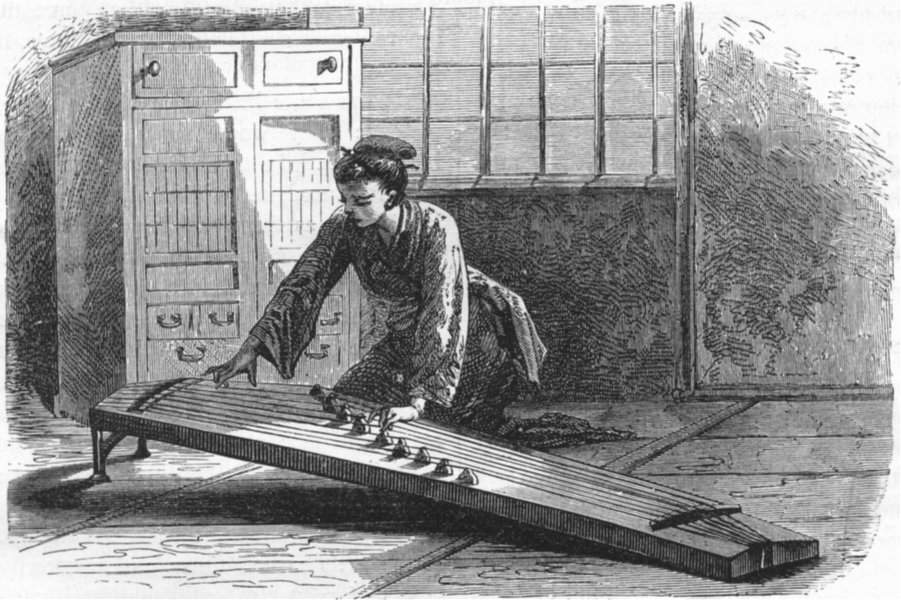 JAPAN. A Japanese girl playing, Koto 1880 old antique vintage print picture