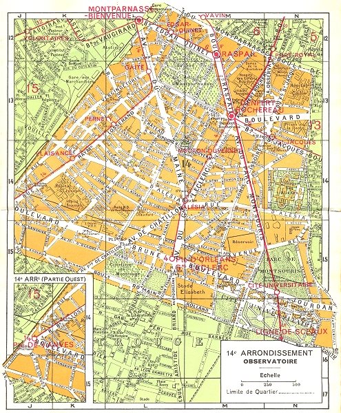 PARIS. 14e Arrondissement Observatoire 1920 old vintage map plan chart