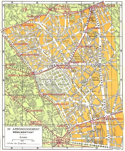 PARIS. 20e Arrondissement Menilmontant 1920 old vintage map plan chart
