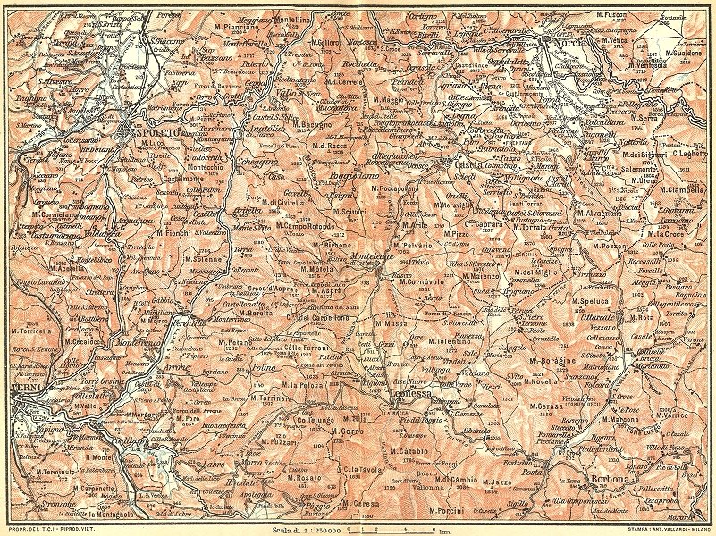 ITALY. L'Appennino fra Terni, Spoleto, Norcia e Leonessa 1924 old vintage map