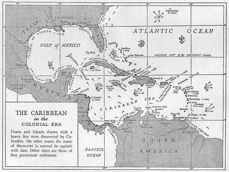 Associate Product WEST INDIES. 1600-1660. Caribbean, Colonial Era, sketch map 1942 old